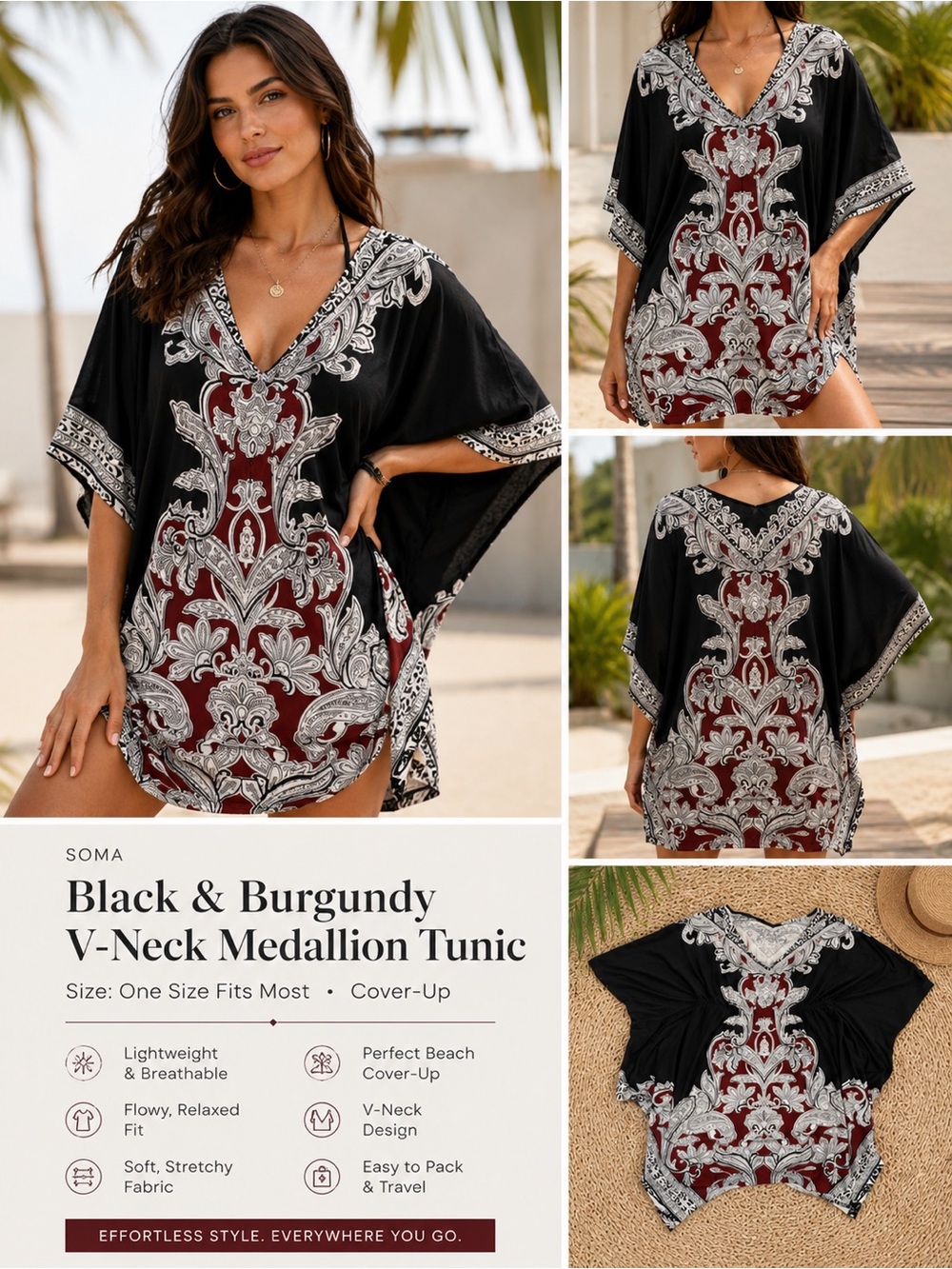 Soma Black and Burgundy V-Neck Medallion Tunic Coverup